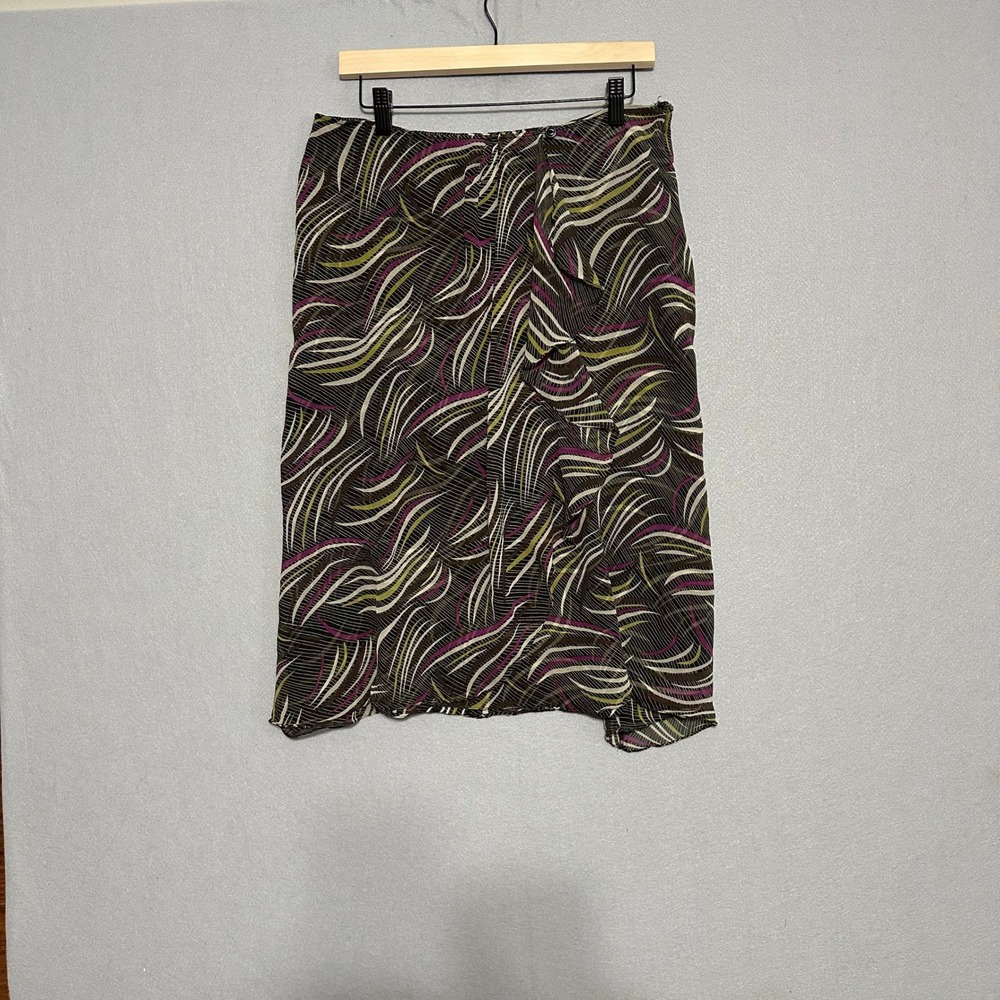 Jones New York 100% Silk Abstract Swirl Ruffle Midi Skirt Brown Purple Size 14
